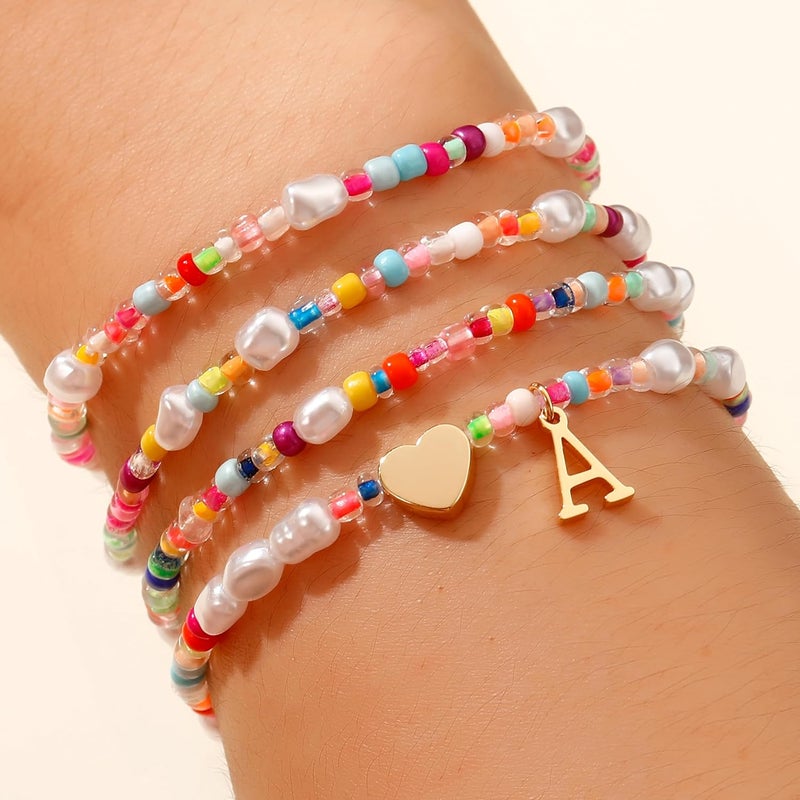 JIAOGE Valentines Day Gifts for Kids Her - 4PCS Gold Stretchable Boho Colorful Beaded Pearl Heart Initial Bracelets for Women Teen Girl Gifts Trendy Stuff Cute Stackable Kids Jewelry Birthday Gifts - Image 2